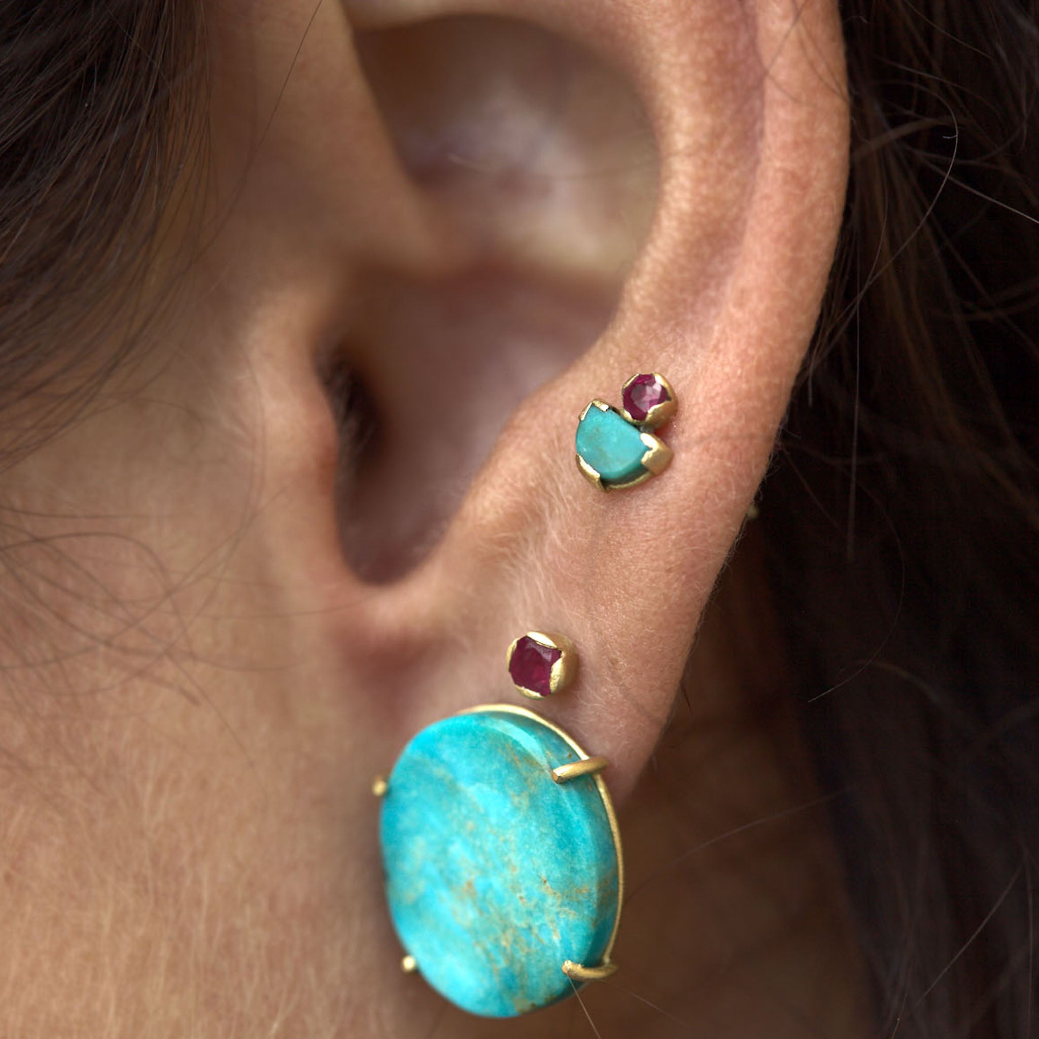 18ct Gold, Ruby and Turquoise Half-moon Ear Studs